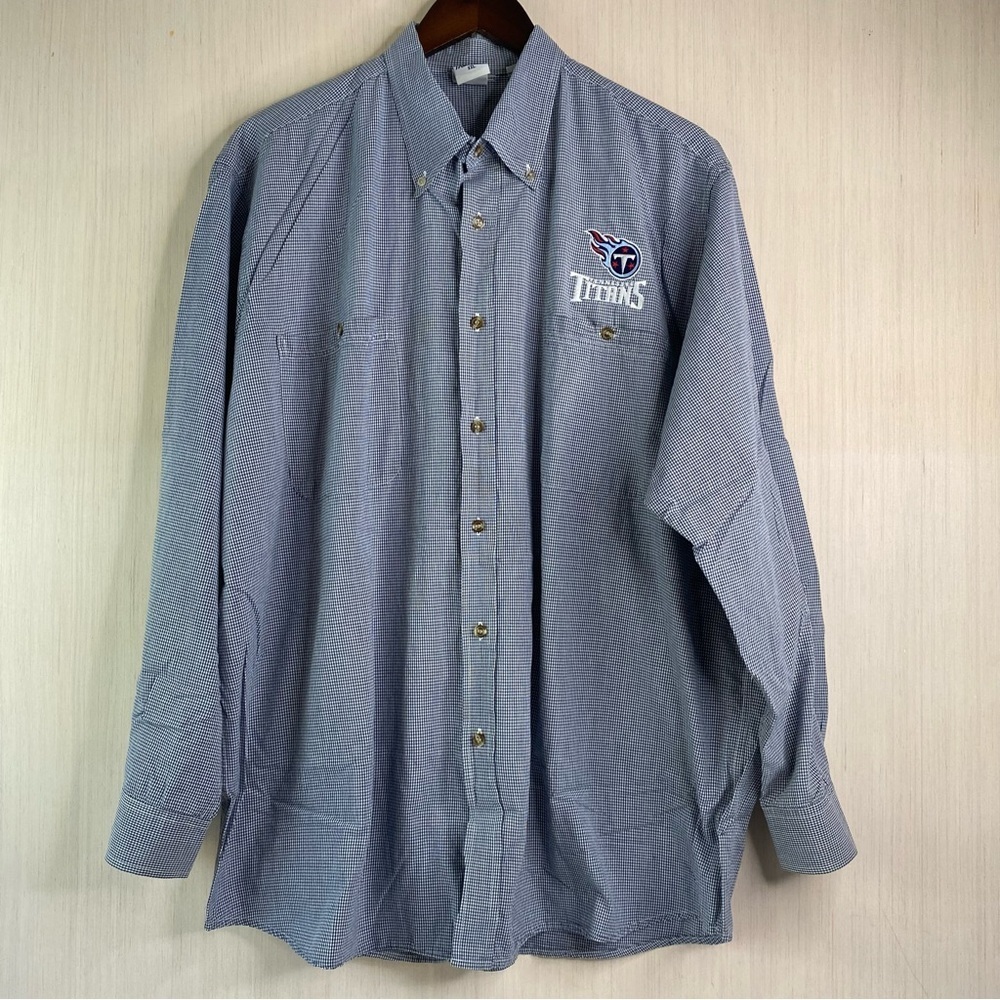 True Fan Men's Tennessee Titans Logo Long Sleeve Button-Up Shirt Blue Check XXL